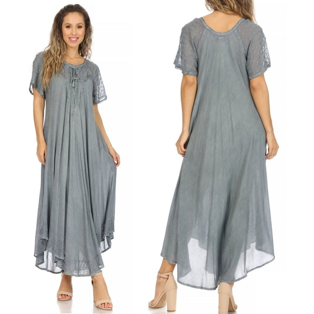 Long Embroidered Caftan Dress Sheer Cap Sleeves Sage‎ O/S Victorian Edwardian